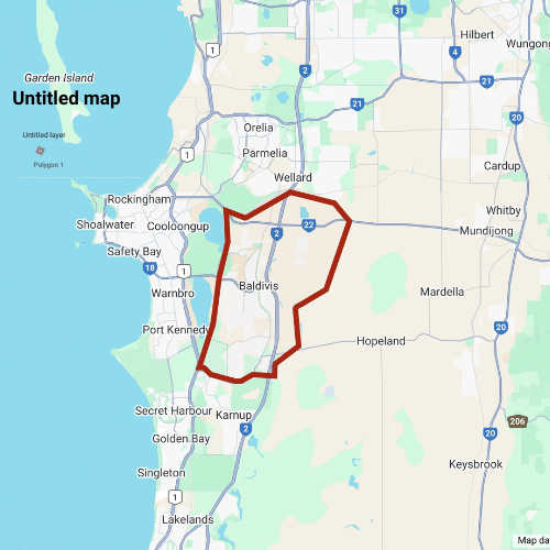 Map depicting the outline of Baldivis.