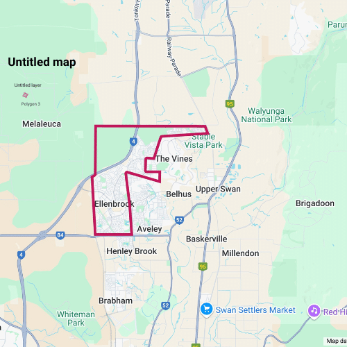 Map depicting the outline of Ellenbrook.