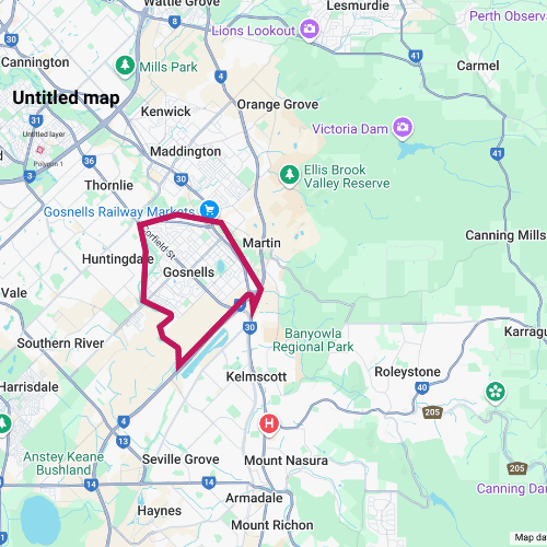 Map depicting the outline of Gosnells
