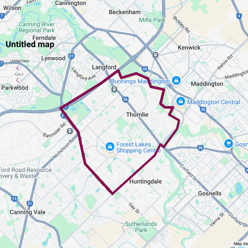 Map depicting the outline of Thornlie